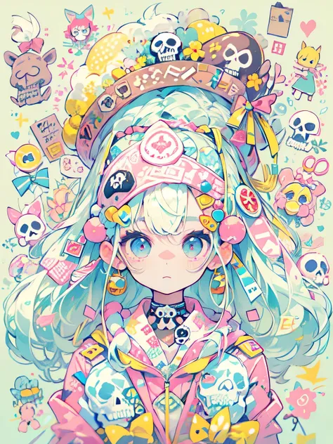 Fujio Akatsuka Style、"cute, beautiful, Adorable girl wearing pink clothes, yellow, and baby blue color scheme. She is wearing a costume with a SKULL motif inspired by a female pirate.。.。.。.。.。.。.... Fashionable hats, rock、Comes with decorative accessories ...