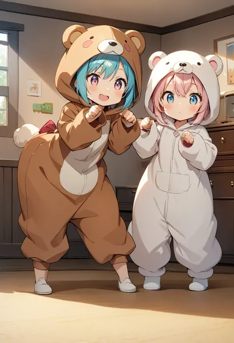 anime, Two Girls:1.2, Alongside, Bear costume, fluffy costume, Little:1.2,Deformation, Cute pose,