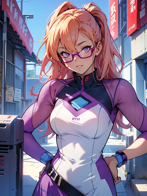 anime,An illustration,purple robot,Mobile Suit,Dom,Light blue check dress,Red glasses,Blonde,Light blue mesh hair,beautiful girl,Sora Sakurano,one person