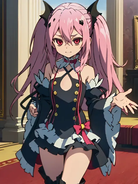 nsfw,krul tepes、red eyes、flat chest、long hair、pink hair、two side up、hair ornaments、boots、black dress、bare shoulders、wide sleeves...