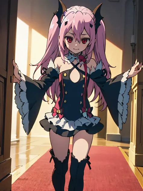 nsfw,krul tepes、red eyes、flat chest、long hair、pink hair、two side up、hair ornaments、boots、black dress、bare shoulders、wide sleeves...