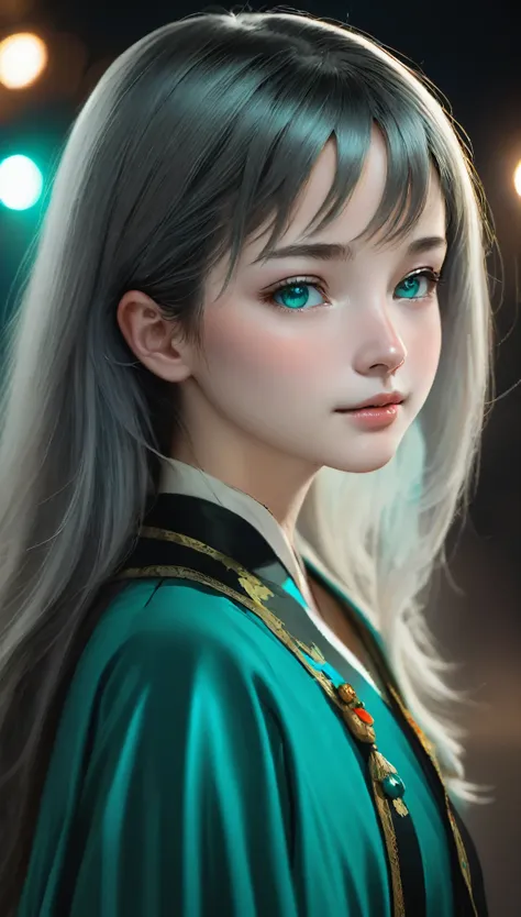 1 girl, White skin、Caucasian、Very cute face、Small Nose、Fuller lips、Malaise、night, dark, ((Grey Hair)),(Detailed gray eyes)、Natural color tunic,National costume, Upper Body,Perfect beauty, ((Blurred Background))、((Black background)),((Shining turquoise ligh...