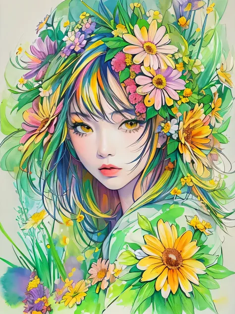 hiromi matsuo style、(((stylish fashion))), 8k quality、intense watercolor, detailed watercolor art, watercolor splash, surreal, a...