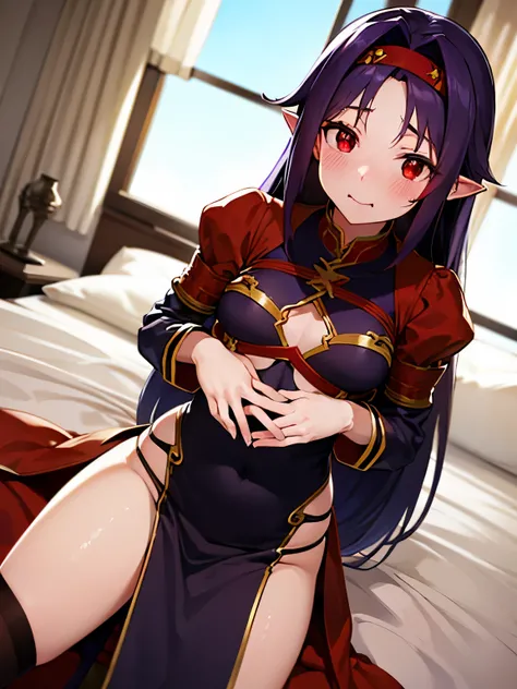 NSFW,Yuki Konno、Headband、Long Hair、Pointy Ears、Purple Hair、(Red Eye:1.5)、黒Thigh-high socks、Removable sleeves、Thigh-high socks、dress、紫色のdress,High leg,Embarrassed,blush,(Perfect hands),(Perfect Anatomy),(masterpiece),(highest quality),Fantasy,inn,bedroom