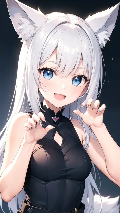 masterpiece, best quality, 1girl, wolf ears, silver hair, blue eyes, cute fang, happy, claw pose, looking at viewer