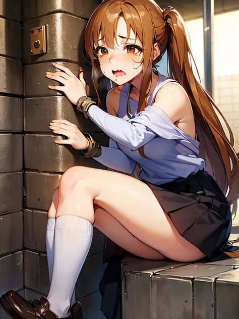 NSFW,Yuuki Asuna、Long Hair、Brown Hair、(Brown eyes:1.8),skirt、Knee socks、Bare shoulders、Removable sleeves、armor、白Knee socks、赤いskirt,(Perfect hands),(Perfect Anatomy),(masterpiece),(highest quality),Embarrassed,blush,(Prison:1.5),Open your mouth、Sticking out...