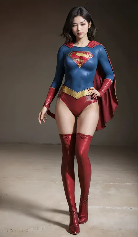 No background、(((Polish your style)))、(((Model Body Type)))、(((Beautiful legs in black tights.)))、(((Legally express the beauty of your smile)))、((((Make the most of your original images)))、(((Supergirl Costume)))、(((体にフィットするSupergirl Costume)))、(((Short b...