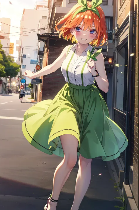 yotsubanakano, yotsuba nakano, bangs, short hair, blue eyes, Hair between the eyes, Hair Ribbon, hair band, Orange Hair, (Green ribbon:1.5), smile, Grin,smile,Sleeveless green dress,Bare arms,Green long skirt,Cute heeled sandals,sunset,evening,The sun goes...