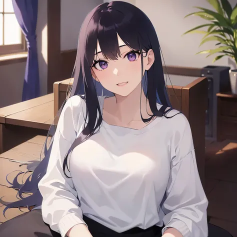 Upper Body, Realistic, real person, (pale skin: 1.2), RAW photo, photorealistic, shiny skin, shiny hair、(A 25-year-old woman with straight hair and bangs) and (medium hair) and (black hair) and (purple eyes) , (white) and (T-shirt) and (V neck) and (long s...