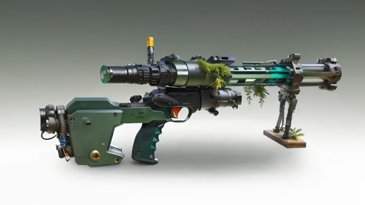 Tesla Punk, Ray Gun , Plasma power supply,concept art, gun design, Sniper Rifle,unmanned,Gun-length plant,Plants and machinery,moss,Plants attached to the gun