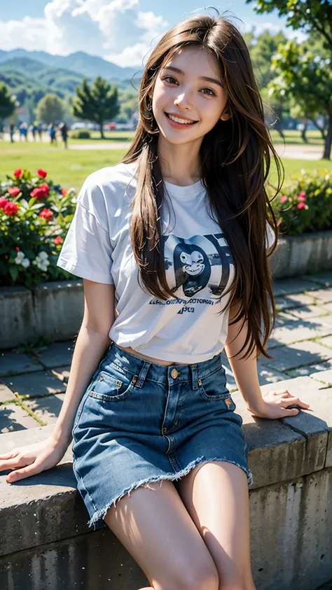 highest quality, masterpiece, Ultra-high resolution, (Realistic:1.4),Cloudy weather, (Close-up portrait) RAW Photos, 1 girl,20-year-old,T-shirt and denim skirt,((Please look up)),((Straight Long Hair)),Realistic,)),((Smiling with teeth showing)),((Big smil...