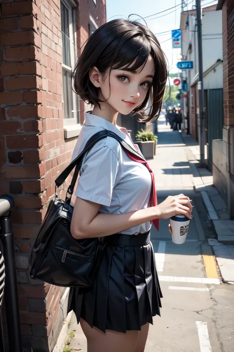 very cute and beautiful girl,(highly detailed beautiful face and eyes),(smile:1.2),looking at viewer,
black hair,serafuku,short sleeve,(pleated navyblue mini skirt),standing,holding school bag,
town street,front of gray brick wall,pink building,
(best qual...