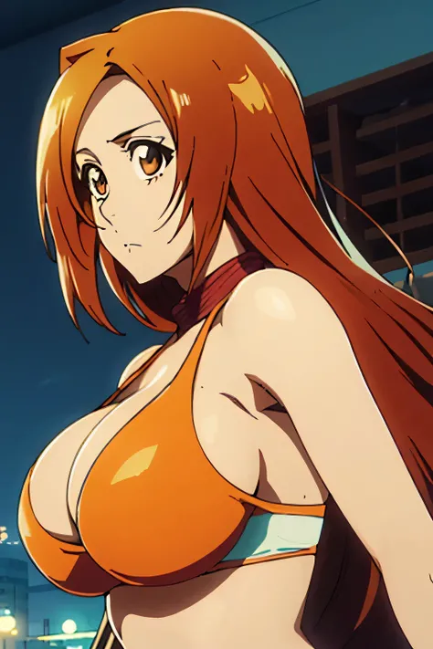 1 woman, orihime inoue, long light brown hair, big breasts, orange eyes, ((detailed eyes:1.2)), wearing micro bikini, sexy, sensual, sideboob, masterpiece, top quality, best quality, official art, beautiful and aesthetic:1.2), extreme detailed, colorful, h...