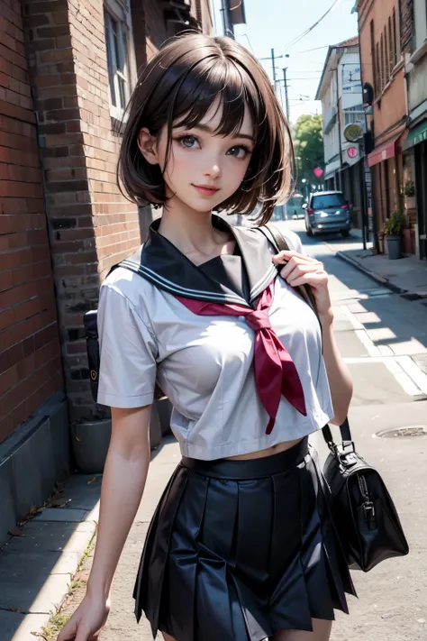 very cute and beautiful girl,(highly detailed beautiful face and eyes),(smile:1.2),looking at viewer, black hair,serafuku,short sleeve,(pleated navyblue mini skirt),standing,holding school bag, town street,front of brick wall,pink building, (best quality,m...