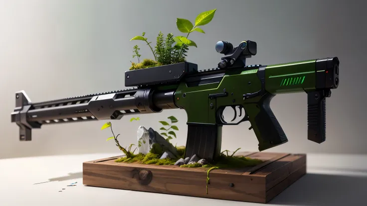 Concept gun design, Science Fiction，unmanned，Gun with plants and crystals，Glowing gun，Plant and machine combination，moss，The vine plant attached to the gun，cgi，Realism，Stereo，Light and Shadow