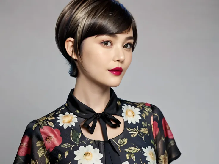 228 (20-year-old woman,Floral clothes),  ((Beautiful Hairstyles 46)), ((short hair:1.46)),  (lipstick)