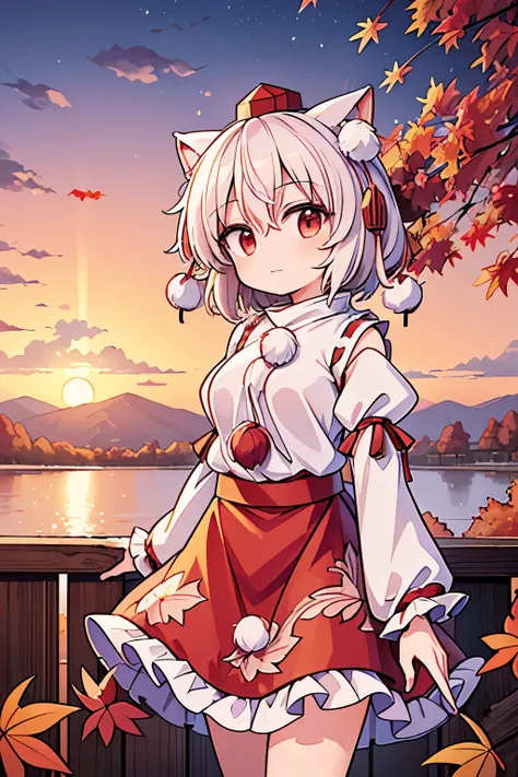 masterpiece, best quality, extremely detailed, anime,girl,(((touhou project))),(((inubashiri Momiji))), (Sunset, sunset sky),autumn mountains, autumn leaves, maple trees,