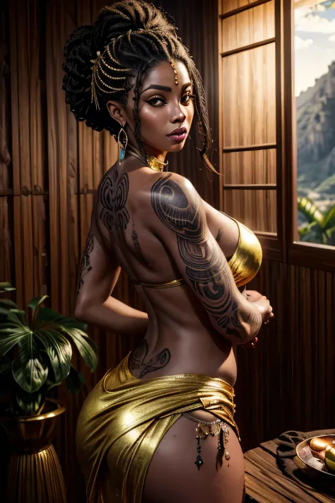 obra prima ,Ultra realista, Foto realism , Mulher preta bonita , wet lips , olhos castanhos , cabelo castanhos  compridos ,  soltos ao vento , coxas musculosas , corpo inteiro , (( tatuagem na lateral da perna , tatuagem tribal )) , pele muito detalhada , ...