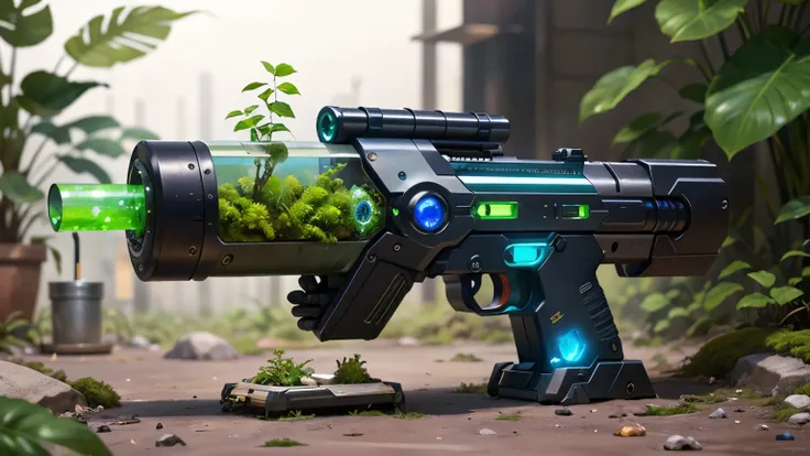 concept gun design, science fiction，unmanned，gun with plants and crystals，glowing gun，plant and machine combination，moss，the vin...