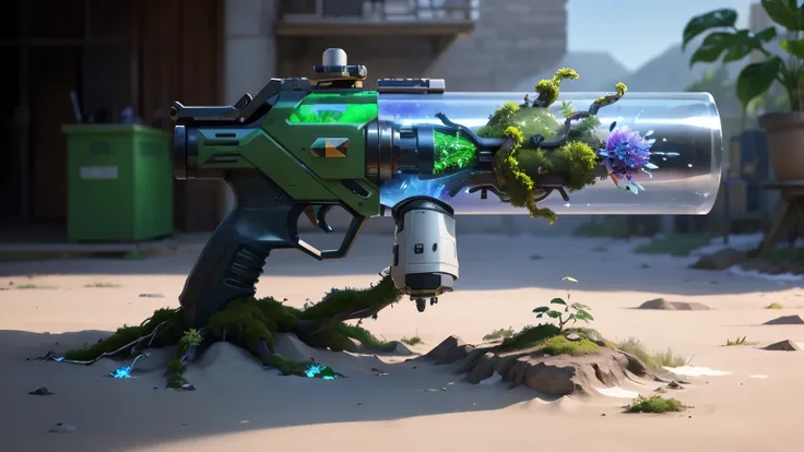 Concept gun design, Science Fiction,unmanned,Gun with plants and crystals,Glowing gun,Glass and Plasma,Plant and machine combination,moss,The vine plant attached to the gun,cgi,Realism,Stereo,Light and Shadow,Place on the ground,HD,Extreme details,high res...