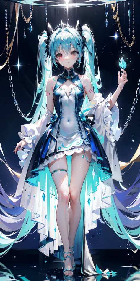 blue theme, Hatsune Miku portrait，masterpiece, magic , (Impossible Dress:1.5), mini skirt, Gradient background, Silver-blue hair, , Bangs,Side Chain, pink eyes, (ulzang-6500-v1.1:0.9), 中等Chest, Chest, Thigh gap, Hair accessories, arching back, Black_witch_...