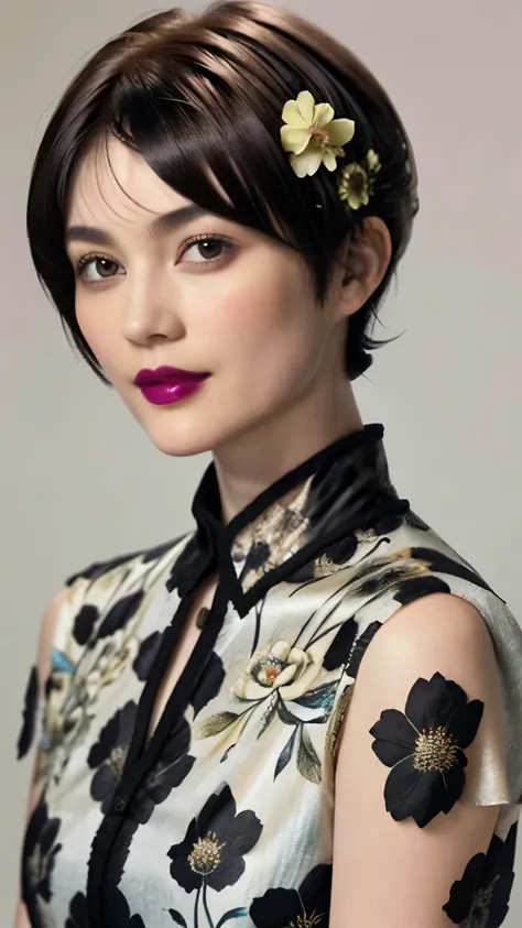 228 (20-year-old woman,Floral clothes),  ((Beautiful Hairstyles 46)), ((short hair:1.46)),  (lipstick)