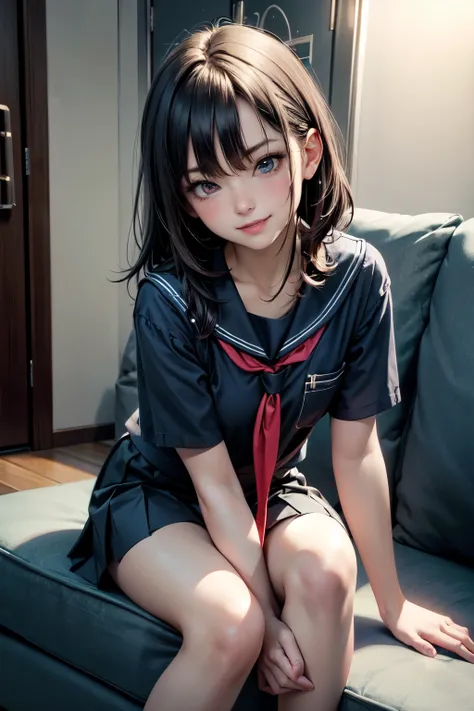 very cute and beautiful girl,(highly detailed beautiful face and eyes), (smile:1.2),blush,looking at viewer,serafuku,short sleeve,pleated navy blue mini skirt, black hair,sitting on sofa near elevator hall of small hostel,bag lied on floor, (best quality,m...