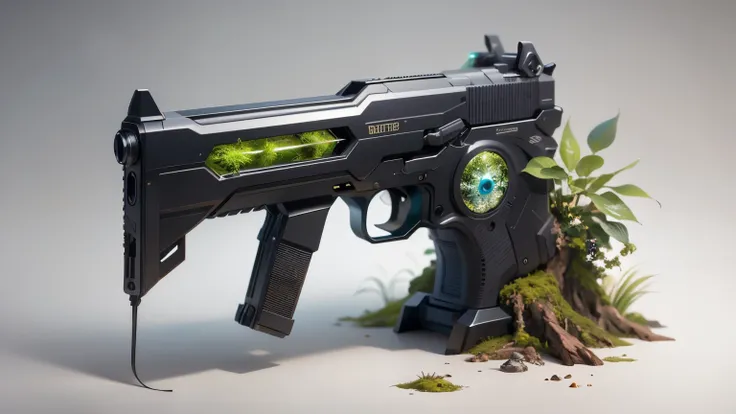 Concept gun design, Science Fiction,unmanned,Gun with plants and crystals,一把很长的Gun with plants and crystals,The gun has a light,Glass and Plasma,Plant and machine combination,moss,The vine plant attached to the gun,cgi,Realism,Stereo,Light and Shadow,HD,Ex...