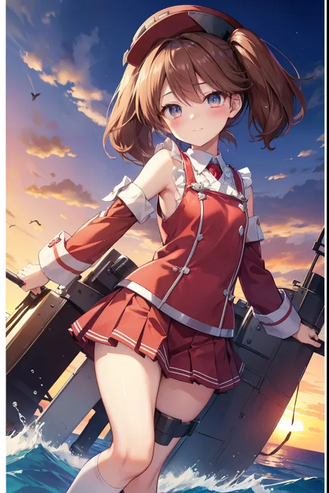 ryuujou、blush,smile、Brown Hair、Half Twin Tail、Wear a hat、Shipgirl、uniform、Fighting at sea、Primary school students、The back is very small、Lolita、Small breasts、Please show me your armpits、exterior: 14 years old、Shoulder Bare、The clavicle is visible、Sexy thig...