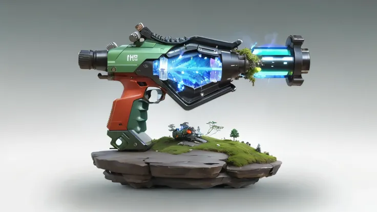 Concept gun design, Science Fiction,unmanned,Gun with plants and crystals,一把很长的Gun with plants and crystals,The gun has a light,plasma,Plant and machine combination,moss,The vine plant attached to the gun,cgi,Realism,Stereo,Light and Shadow,HD,Extreme deta...
