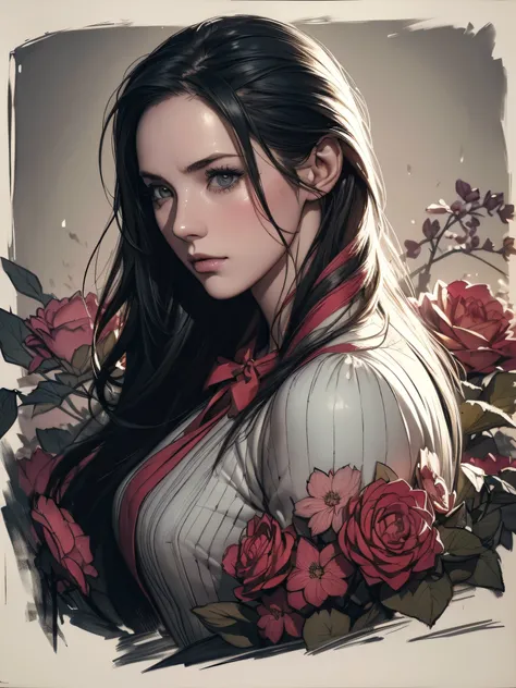 charlie bowater woman, ((realistic lithography sketch portrait)), flowers, [gear], pipe, diesel punk, multi-colored ribbons, old...