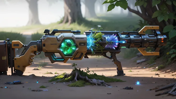 Science Fiction,unmanned,Gun with plants and crystals,Glowing gun,plasma,Plant and machine combination,moss,The vine plant attached to the gun,cgi,Realism,Light and Shadow,HD,Extreme details,high resolution,Outdoor scene on the ground
