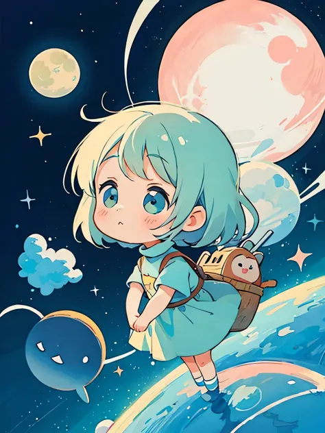 Tove Jansson　style, Kawaii Design, The most beautiful girl of all time、chibi, Space, Moon
