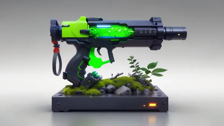 concept gun design, science fiction，unmanned，gun with plants and crystals，glowing gun，glass and plasma，plant and machine combina...