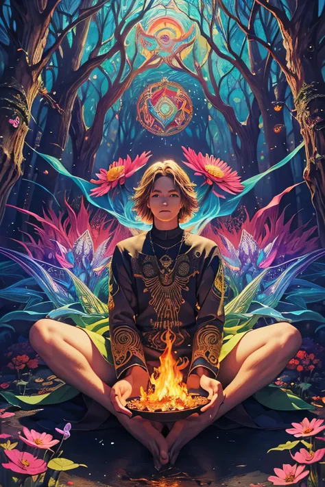 boy sitting in front of fire in a magical forest, colorful, surreal, psychedelic, center, symetrical, detailed, geometric patterns, visionary art, shamanic, alex grey, mini worlds, flowers,