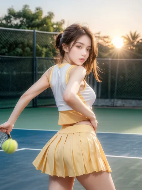 (highest quality, High resolution, masterpiece :1.3), (Shooting from the rear side), Beautiful girl, Orange sunset sky, During a tennis match,Short Bob, Blushing,Dynamic Movement.Large firm breasts,No makeup,((Tennis wear with yellow pleated skirt))