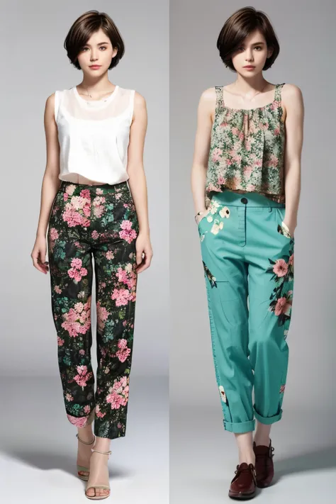 229 (18-year-old female,Floral clothes),  ((short hair:1.46)),  (Pants Style)