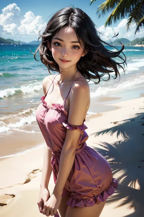 very cute and beautiful girl,(highly detailed beautiful face and eyes),pink camisole,cute ruffle petticoat,
(smile:1.2),happy,looking at viewer,black hair,cowboy shot,detailed legs,beach,tropical resort,
(best quality,masterpiece),absurdres,highres,ultra-d...