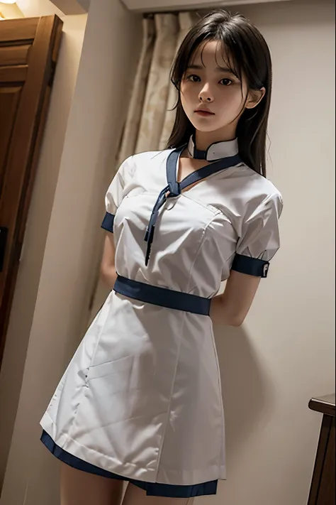 A cute girl is confined and tied up、Beauty、Make your eyes even、Hands are tied with ropes、Inside the hotel room、White short-sleeved shirt、Navy blue mini skirt、Are standing、Age 25、Medium build、Like real life、highest quality、Low - Angle、