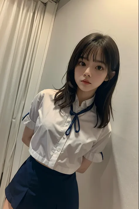 A cute girl is confined and tied up、Beauty、Make your eyes even、Hands are tied with ropes、Inside the hotel room、White short-sleeved shirt、Navy blue mini skirt、Are standing、Age 25、Medium build、Like real life、highest quality、Low - Angle、