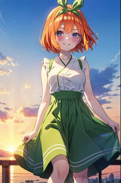 yotsubanakano, yotsuba nakano, bangs, short hair, blue eyes, Hair between the eyes, Hair Ribbon, hair band, Orange Hair, (Green ribbon:1.5), smile, Grin,smile,Sleeveless green dress,Bare arms,Green long skirt,Cute heeled sandals,sunset,evening,The sun goes...