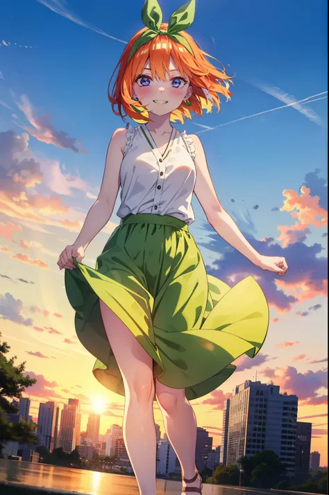 yotsubanakano, yotsuba nakano, bangs, short hair, blue eyes, Hair between the eyes, Hair Ribbon, hair band, Orange Hair, (Green ribbon:1.5), smile, Grin,smile,Sleeveless green dress,Bare arms,Green long skirt,Cute heeled sandals,sunset,evening,The sun goes...