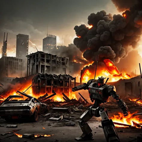 Two Terminator Robots fighting against each other. Dark, foggy post-apocalyptic US capital in ruins, two Terminator T-800 endoskeletons  robots engaged in fierce combat. Realistic style with dramatic, harsh dark lighting highlighting the chaos. Some Flashe...