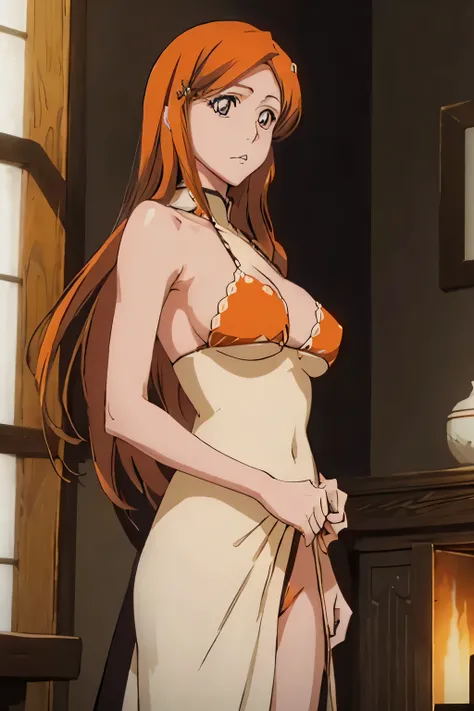 1 woman, orihime inoue, long light brown hair, big breasts, orange eyes, ((detailed eyes:1.2)), wearing micro bikini, sexy, sensual, sideboob, masterpiece, top quality, best quality, official art, beautiful and aesthetic:1.2), extreme detailed, colorful, h...