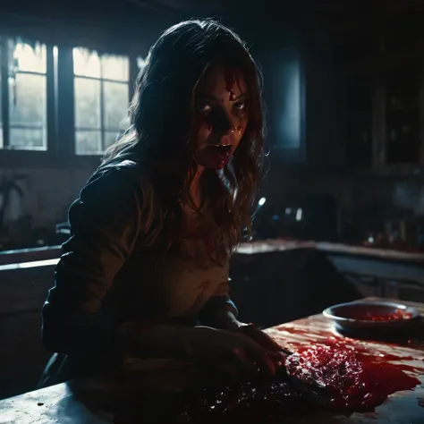 horror scene, knife, dark rooms, glowing eyes, girl, kitchen, gore, chiaroscuro, cinematic lighting, ray tracing, ultra-wide ang...