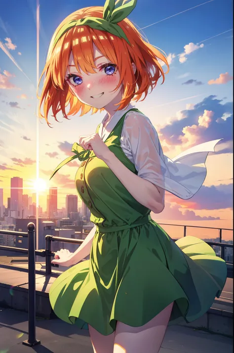 yotsubanakano, yotsuba nakano, bangs, short hair, blue eyes, Hair between the eyes, Hair Ribbon, hair band, Orange Hair, (Green ribbon:1.5), smile, Grin,smile,Sleeveless green dress,Bare arms,Green long skirt,Cute heeled sandals,sunset,evening,The sun goes...