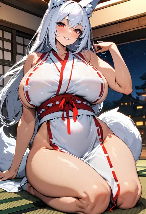 front view, 1girl, milf, woman, big breasts, wide hips, miko outfit, long back-length white hair, white fox tail, fox ears, kitsune, milf red eyes, full lips, smiling at viewer, sitting seiza, nighttime tatami room background, ultra-detailed, sketchy style...