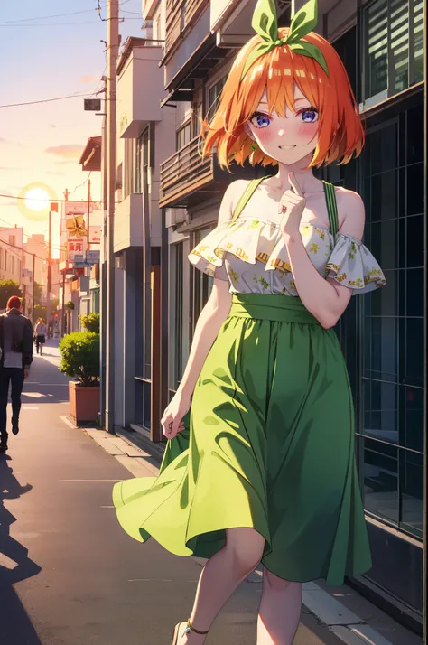 yotsubanakano, yotsuba nakano, bangs, short hair, blue eyes, Hair between the eyes, Hair Ribbon, hair band, Orange Hair, (Green ribbon:1.5), smile, Grin,smile,Sleeveless green dress,Bare arms,Green long skirt,Cute heeled sandals,sunset,evening,The sun goes...