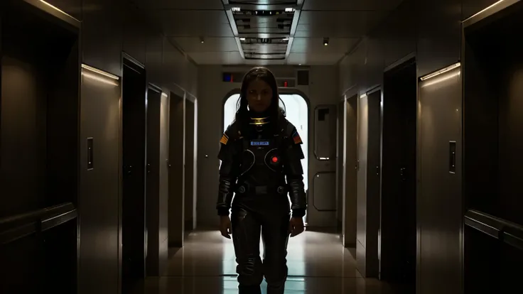 happy 14 year old girl, in spacesuit, walks in dark hallway of spaceship, curious devices on the walls with flashing lights