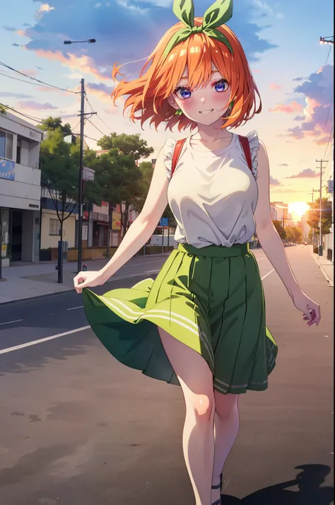 yotsubanakano, yotsuba nakano, bangs, short hair, blue eyes, Hair between the eyes, Hair Ribbon, hair band, Orange Hair, (Green ribbon:1.5), smile, Grin,smile,Sleeveless green dress,Bare arms,Green long skirt,Cute heeled sandals,sunset,evening,The sun goes...